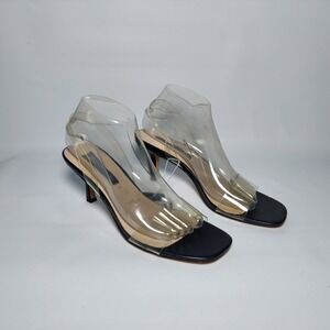 French Connection Heels 9 Black Clear Strap‎ Square Toe Stiletto Sandals Shoes